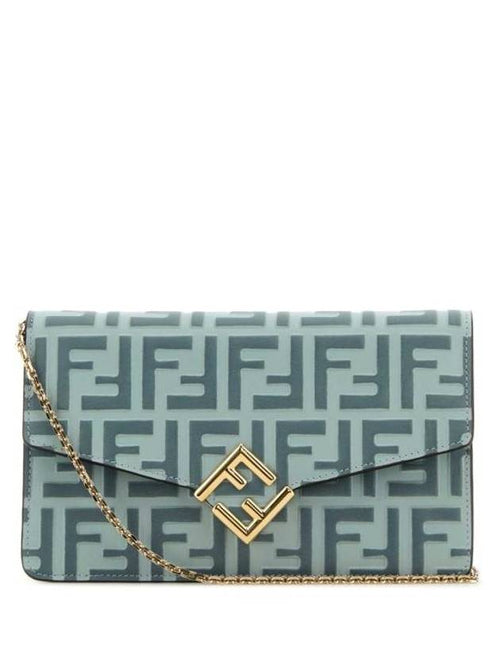 Fendi FF Diamonds Leather Chain Long Wallet Light Blue