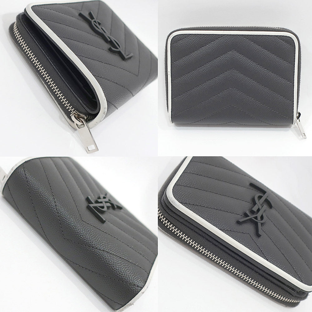 Saint Laurent Double Fold Wallet Compact Round  V Stitch Gr/White Silver  YSL Logo Leather Women  Dress Small etc. Other Preservation Bag