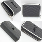 Saint Laurent Double Fold Wallet Compact Round  V Stitch Gr/White Silver  YSL Logo Leather Women  Dress Small etc. Other Preservation Bag