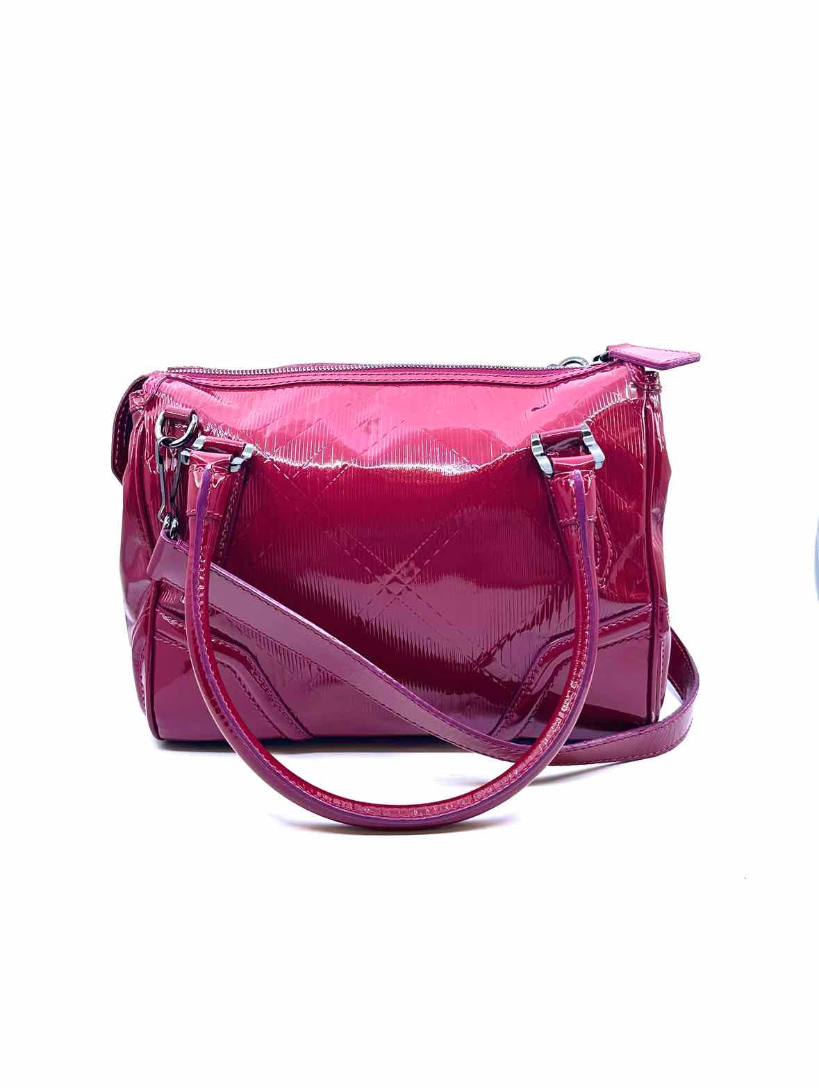 BURBERRY Raspberry Patent Leather Plaid Handbag