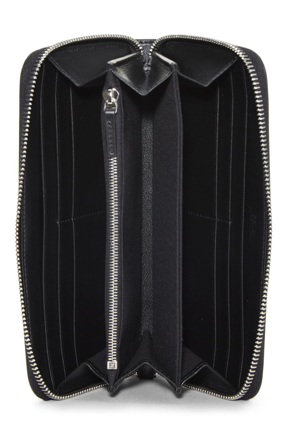 Fendi,  Black Zucca Leather Zip Around Wallet, Black