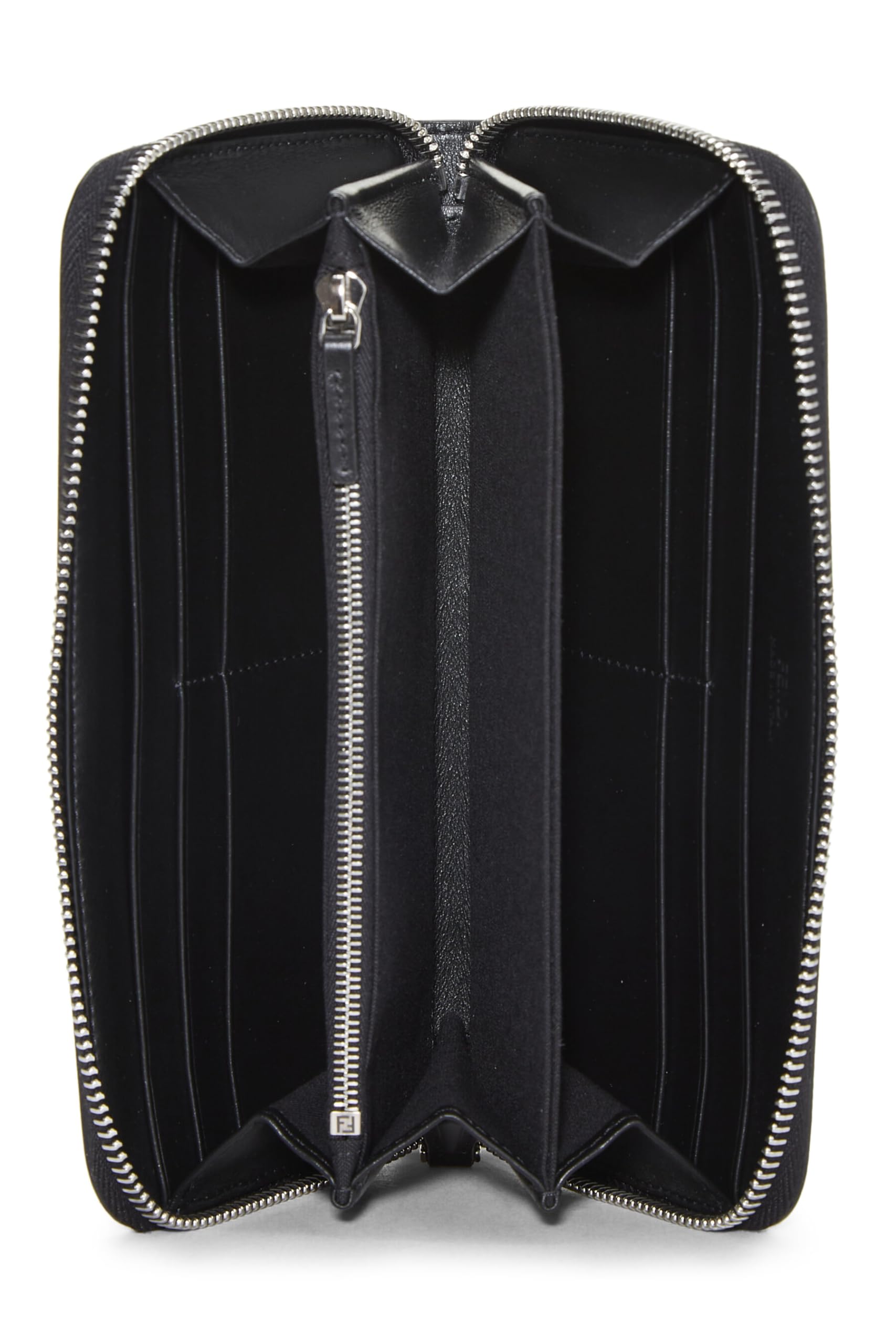 Fendi,  Black Zucca Leather Zip Around Wallet, Black