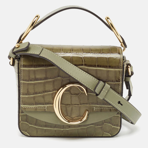 Chloe Chloé Two Tone Green Croc Embossed Leather Mini C Top Handle Bag