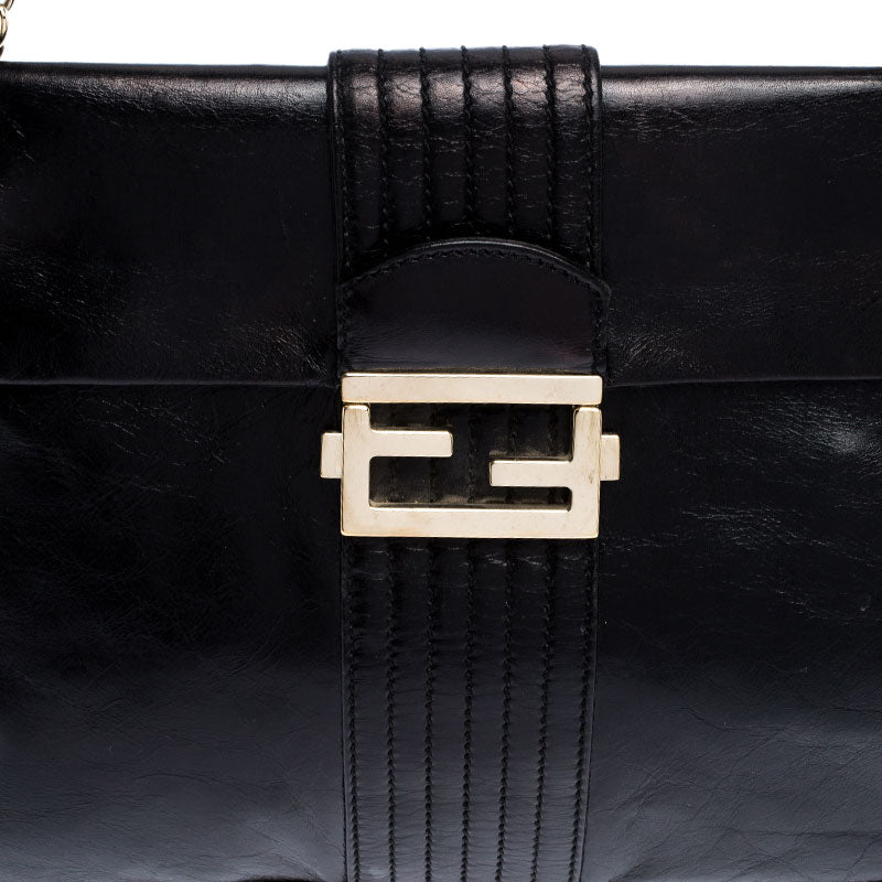 Fendi Black Leather Maxi Baguette Flap Shoulder Bag