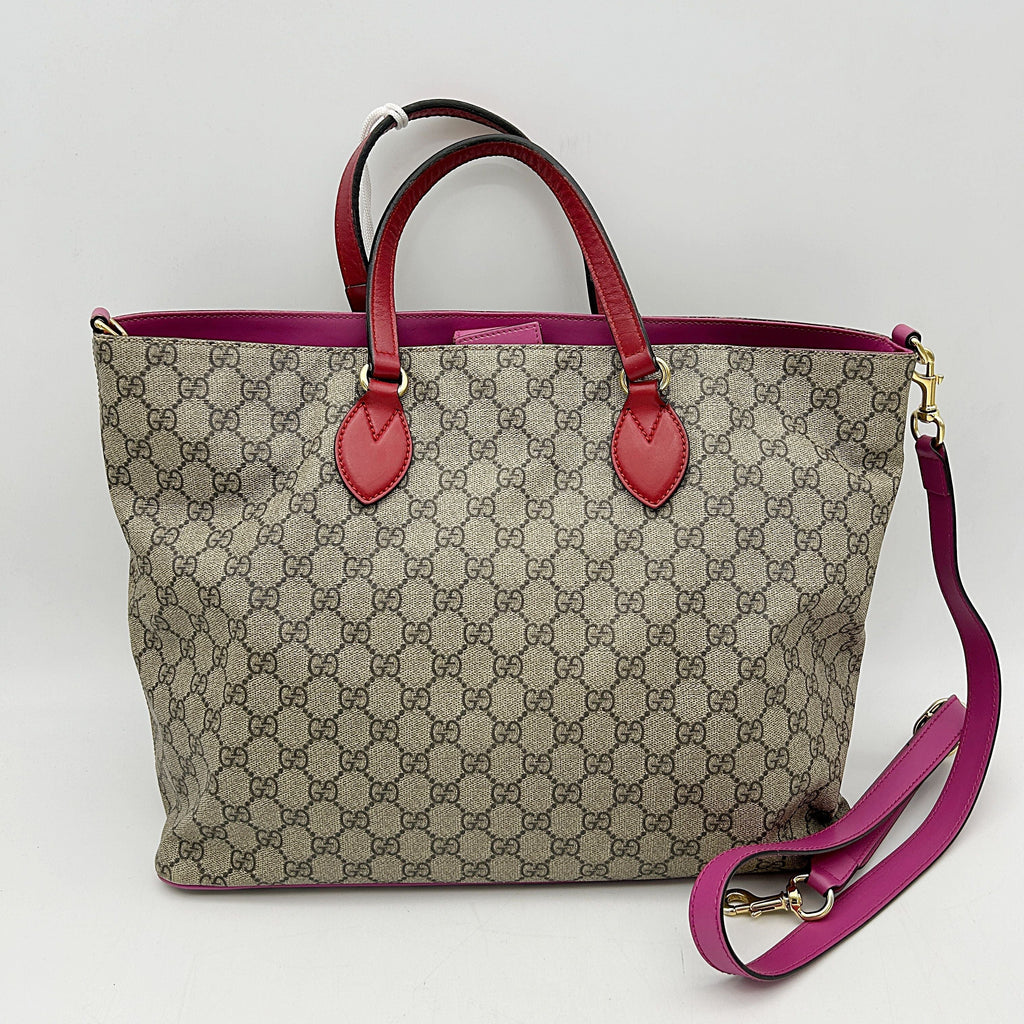 GUCCI Soft GG Supreme Monogram Medium Crossbody Tote Beige Hibiscus Red New Rosette LA19445