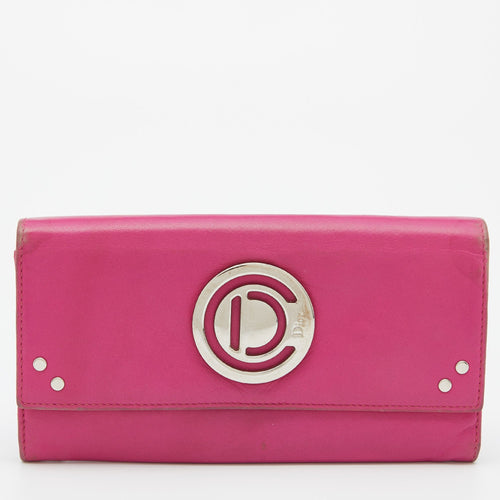 Dior Pink Leather Round Logo Flap Continental Wallet