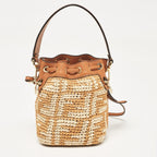 Fendi Brown/beige Zucca Leather And Raffia Mini Mon Tresor Drawstring Bucket Bag