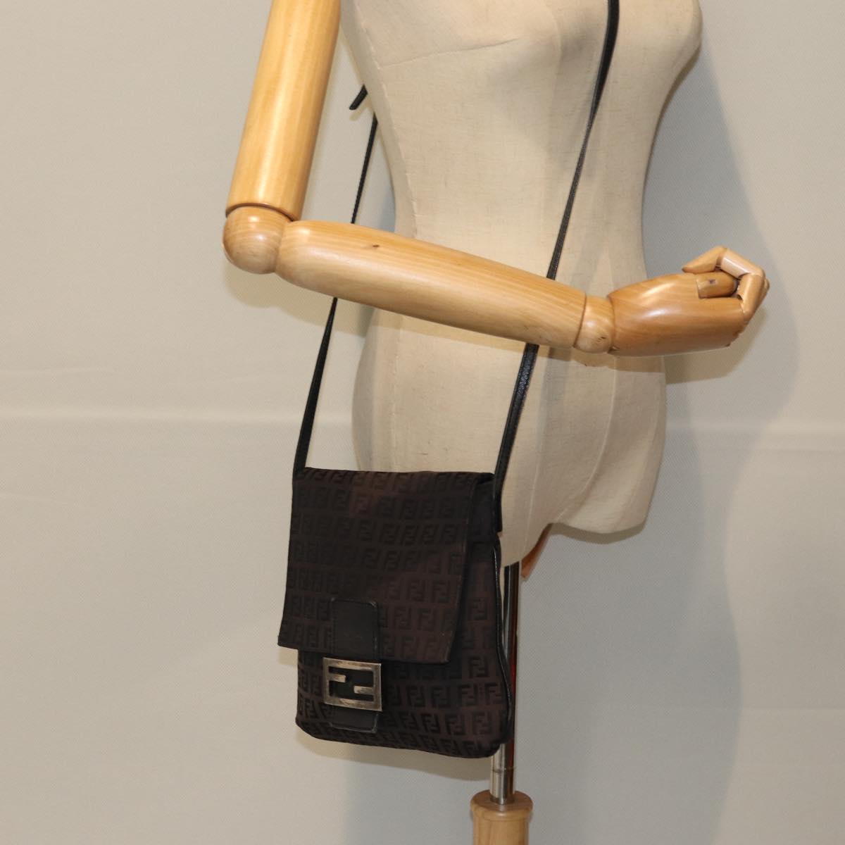 FENDI Zucchino Canvas Mamma Baguette Shoulder Bag Black74484