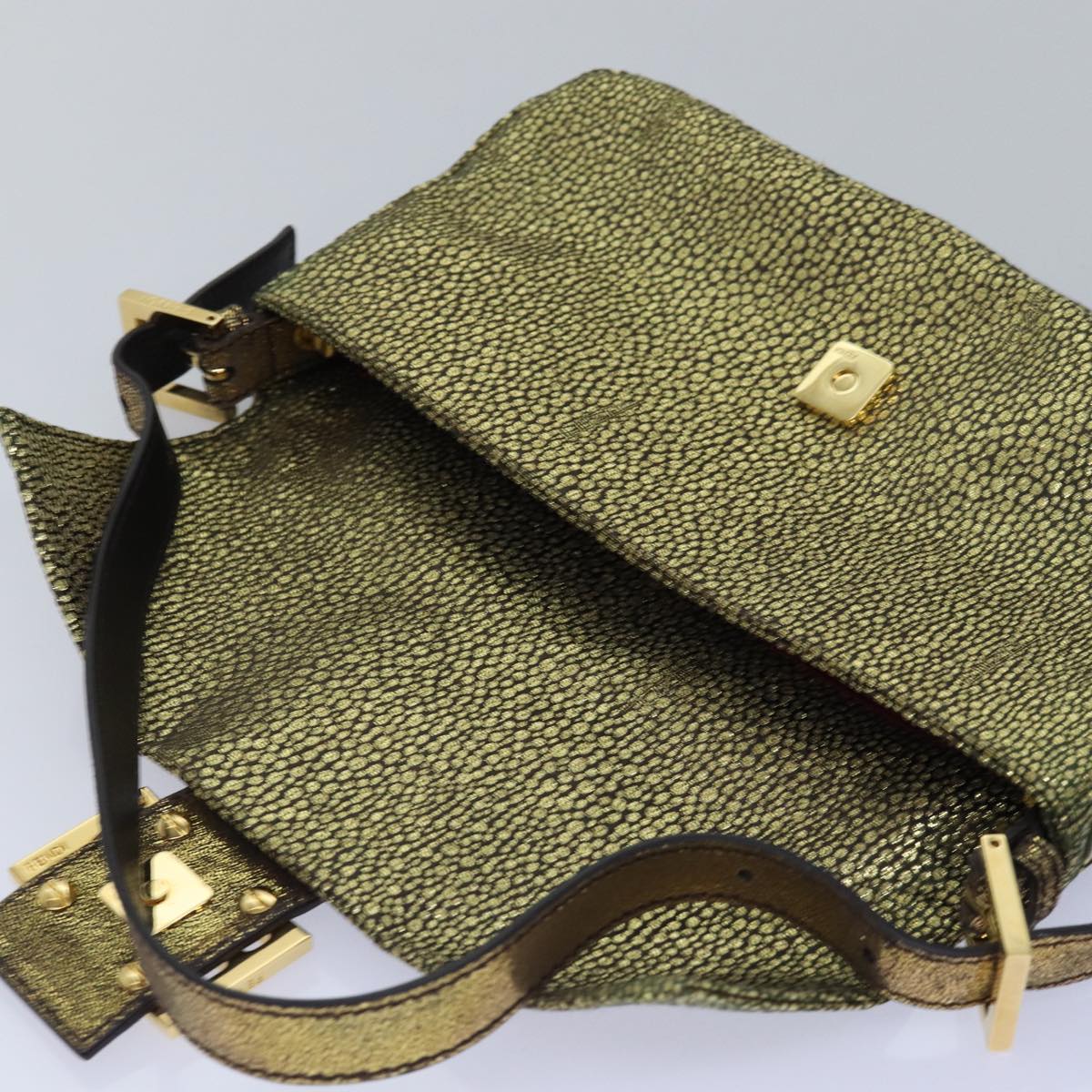 FENDI Mamma Baguette Shoulder Bag Canvas Gold Tone 4088361374891A