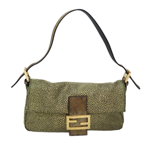 FENDI Mamma Baguette Shoulder Bag Canvas Gold Tone 4088361374891A