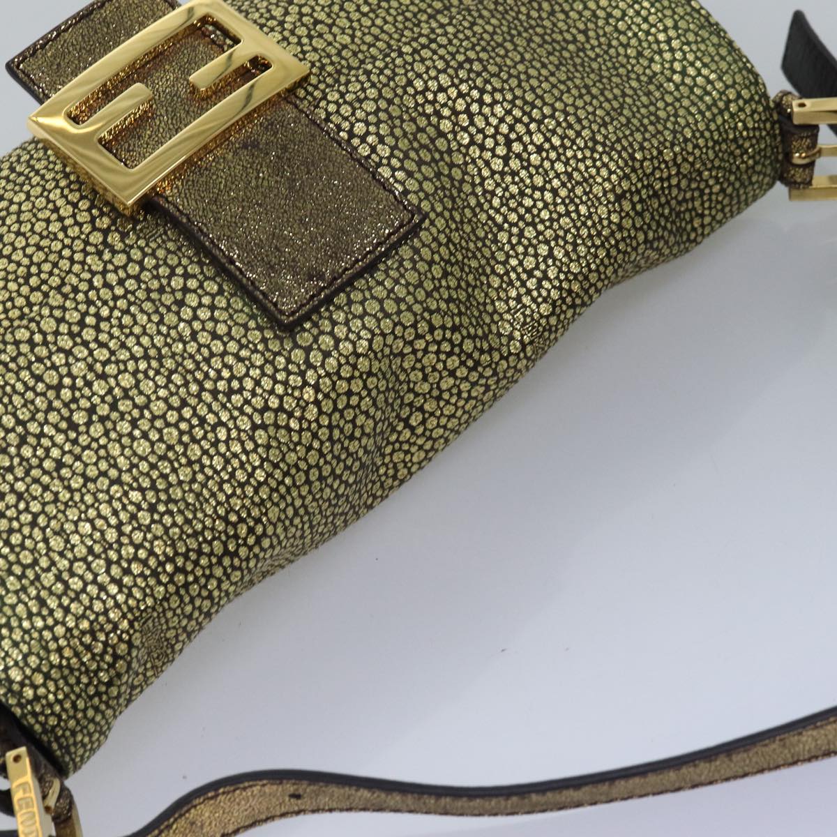 FENDI Mamma Baguette Shoulder Bag Canvas Gold Tone 4088361374891A