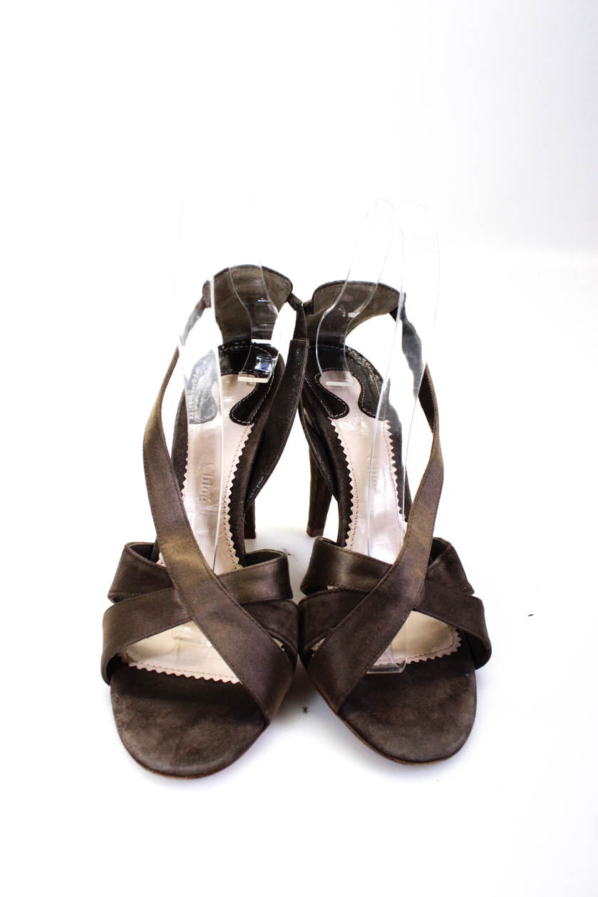 Chloe Womens Suede Open Toe Cross Strappy Slip-On Cone Heels Brown