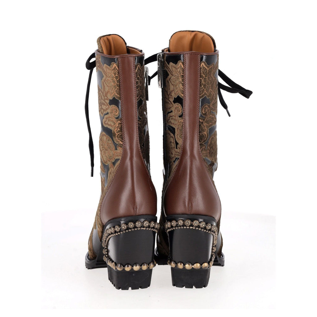 Chloe Rylee Baroque Velvet Lace Up Mid Calf Boots in Multicolor Leather