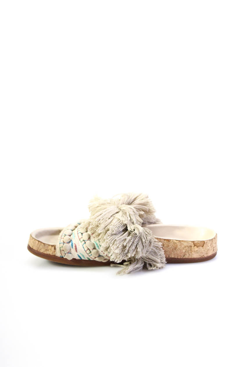 Chloe Womens Fringe Embroidered Slide On Sandals White Multi Colored
