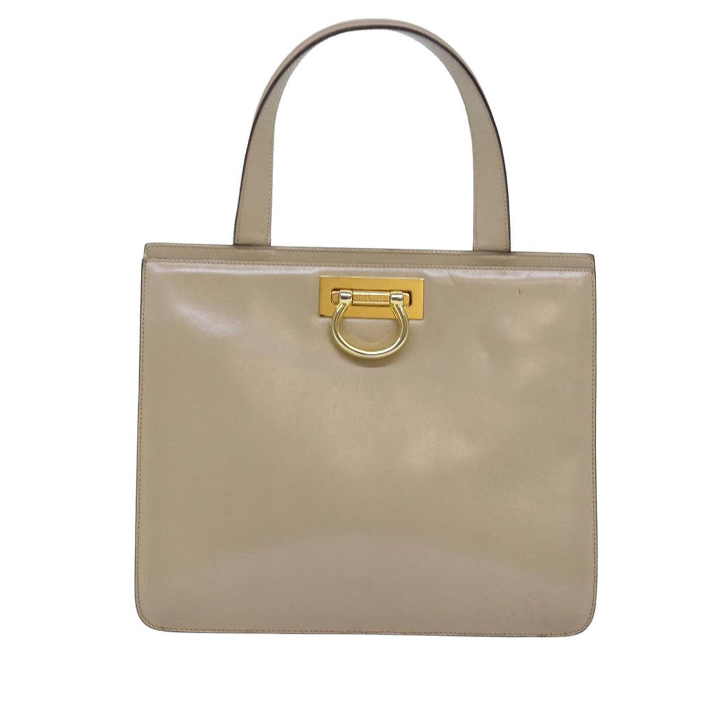 CELINE Hand Bag Leather Beige Auth 75396