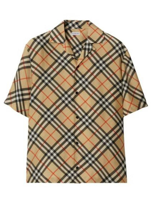 Burberry Check Oversized Silk Short Sleeve Shirt Sand