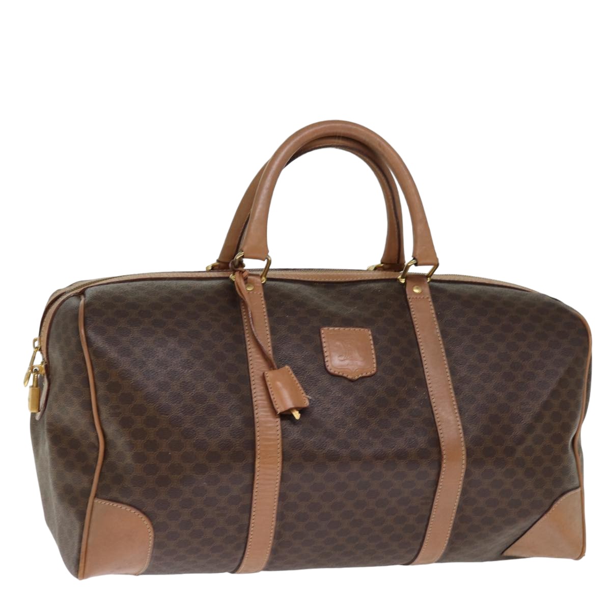 CELINE Macadam Canvas Boston Bag PVC Leather Brown Auth 76024