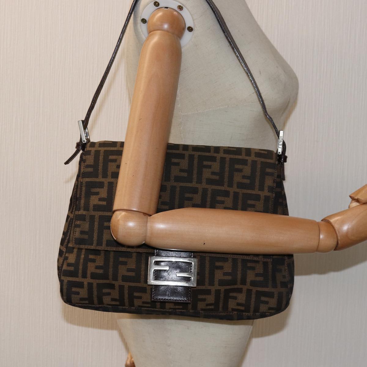 FENDI Zucca Canvas Mamma Baguette Shoulder Bag Black Brown76476