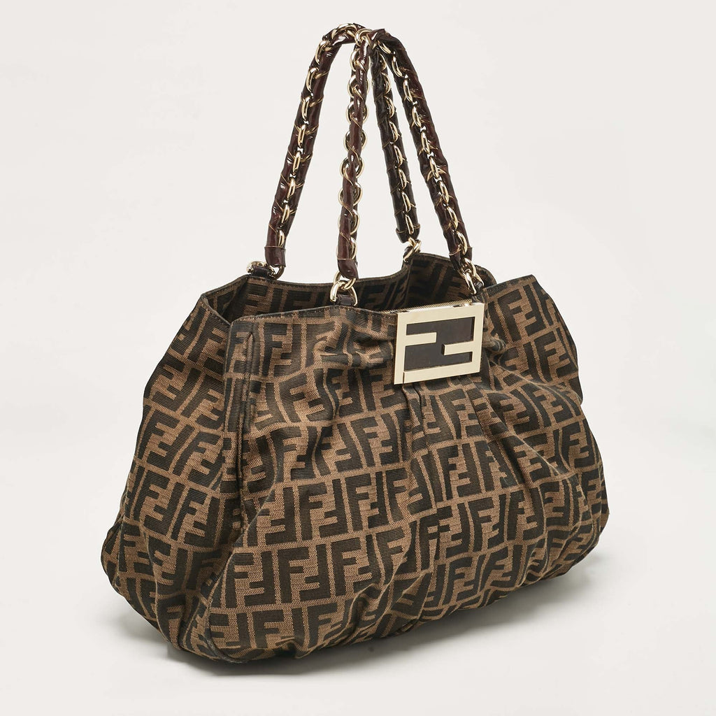 Fendi Zucca Canvas And Patent Leather Large Mia Shoulder Bag