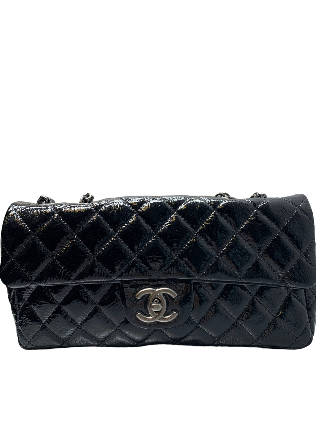 CHANEL- Black Patent Leather Quilted Medium Flap