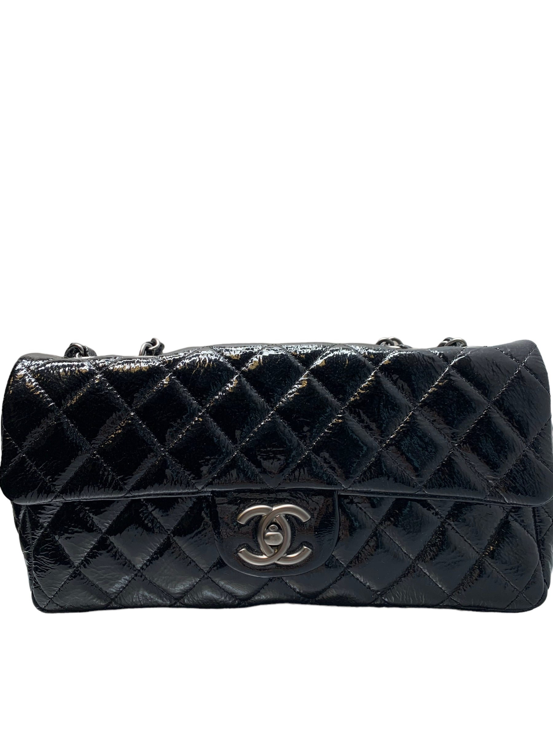 CHANEL- Black Patent Leather Quilted Medium Flap