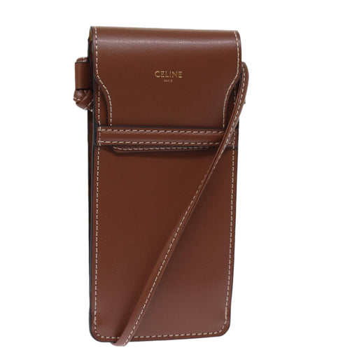 CELINE Shoulder Pouch Leather Brown  77443
