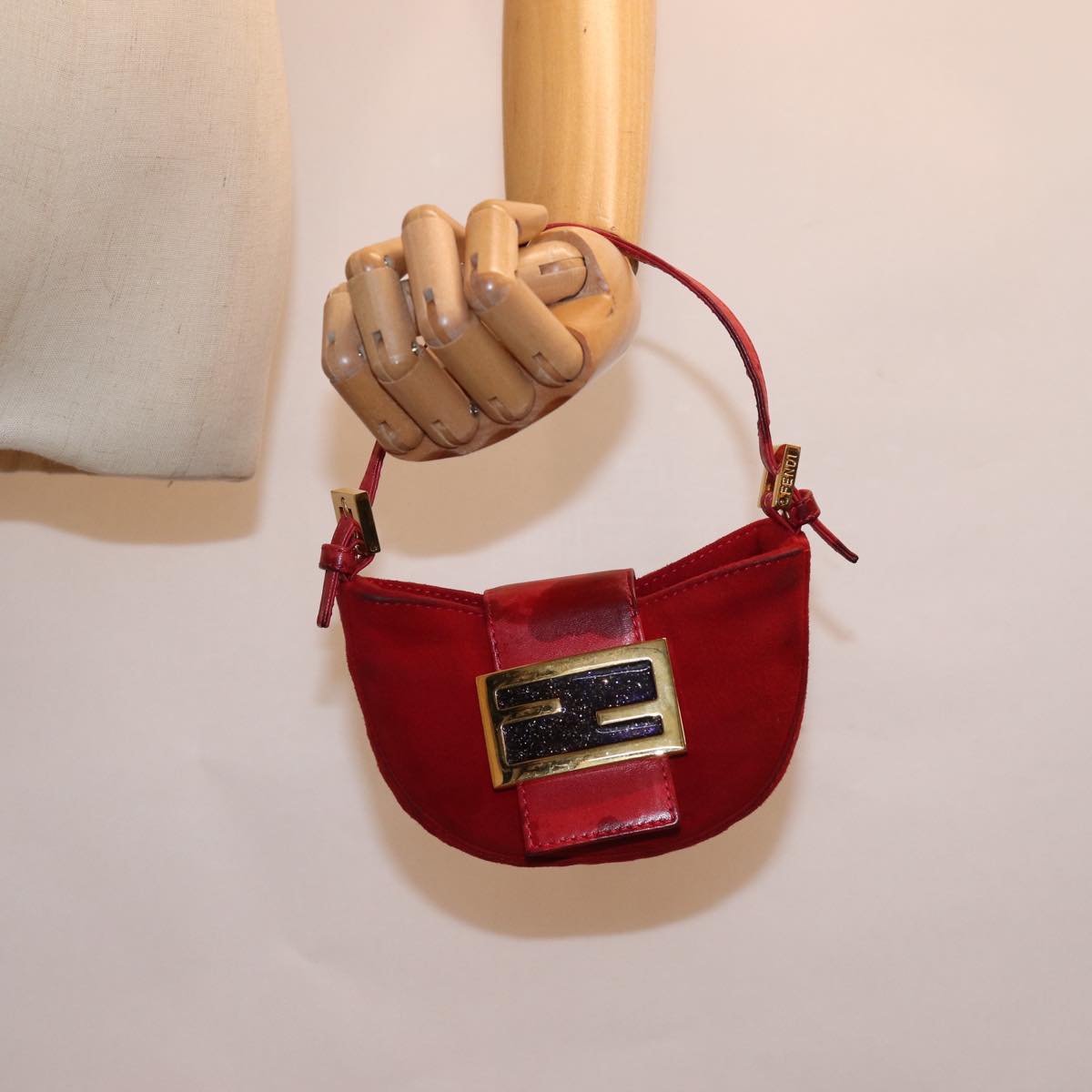 FENDI Mini Croissant Hand Bag Suede Red77631