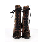 Chloe Rylee Baroque Velvet Lace Up Mid Calf Boots in Multicolor Leather