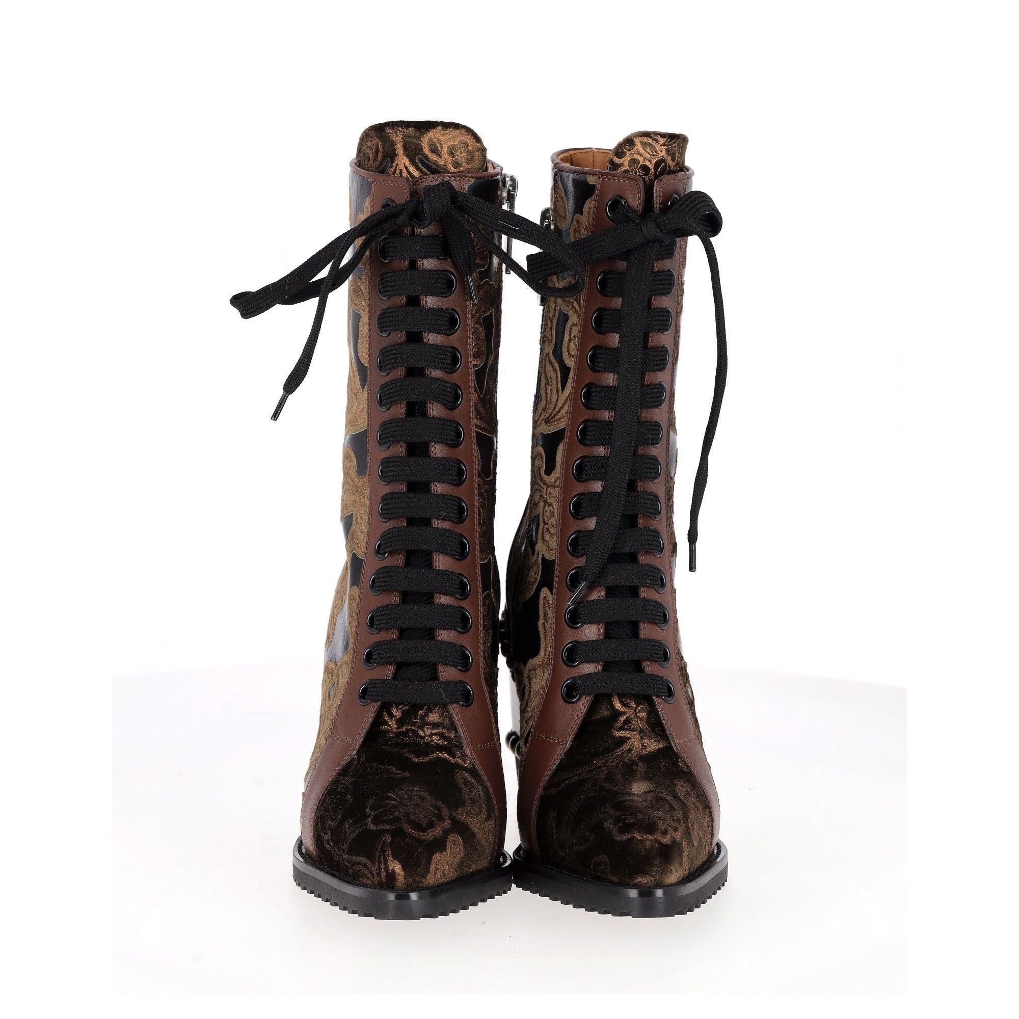 Chloe Rylee Baroque Velvet Lace Up Mid Calf Boots in Multicolor Leather