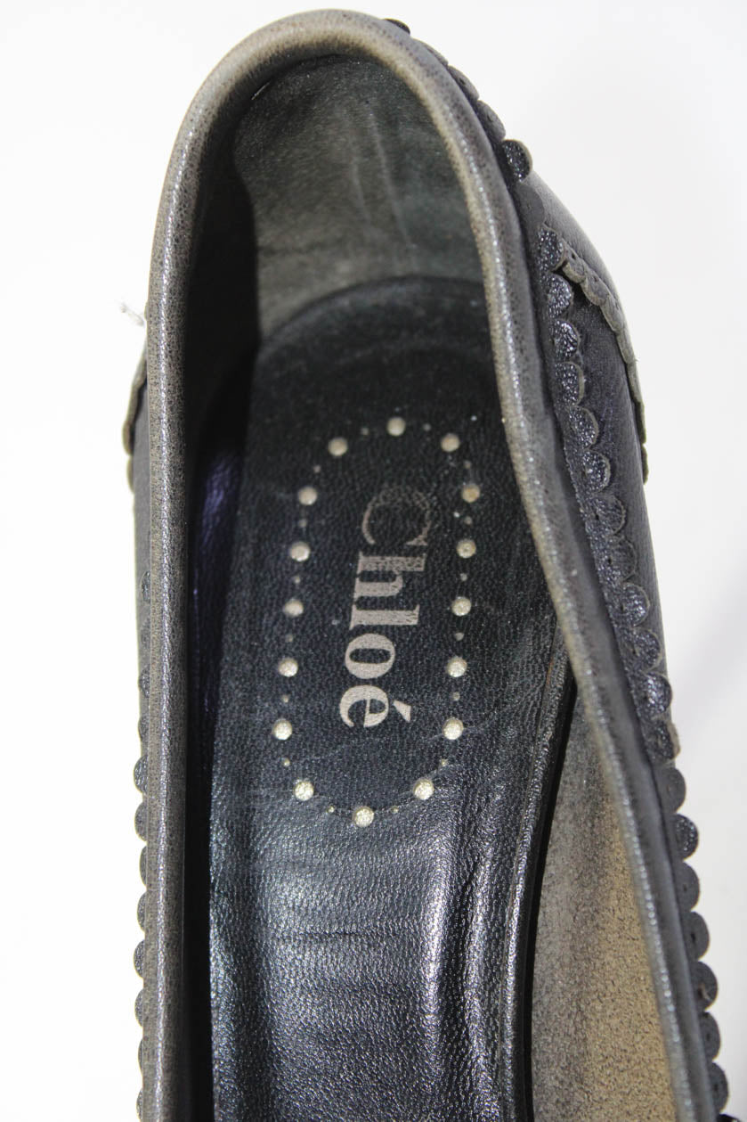 Chloe Womens Stiletto Round Toe Scalloped Pumps Black Leather