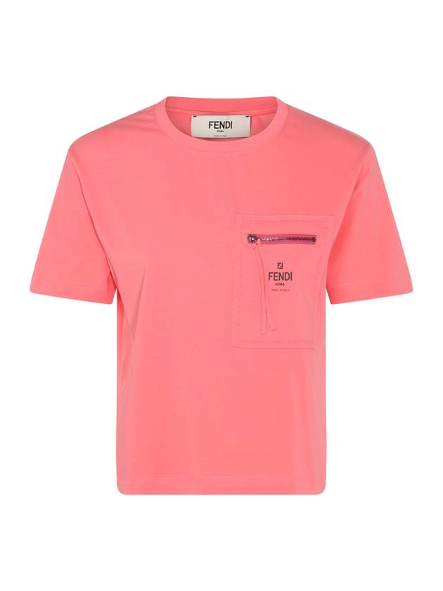 Fendi Logo Zipper Pocket Cropped Short Sleeve T-Shirt Pink