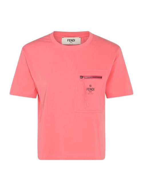 Fendi Logo Zipper Pocket Cropped Short Sleeve T-Shirt Pink