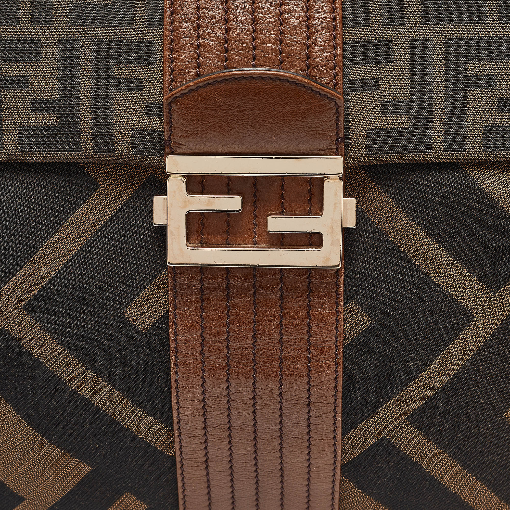 Fendi Zucca Canvas And Leather Maxi Baguette Flap Shoulder Bag