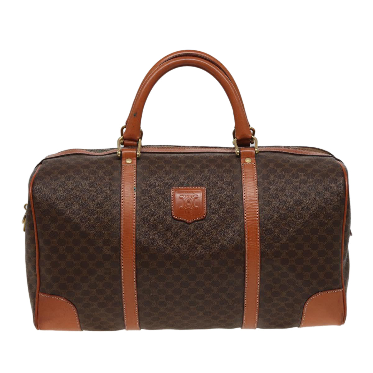 CELINE Macadam Canvas Boston Bag PVC Leather Brown Auth 78834