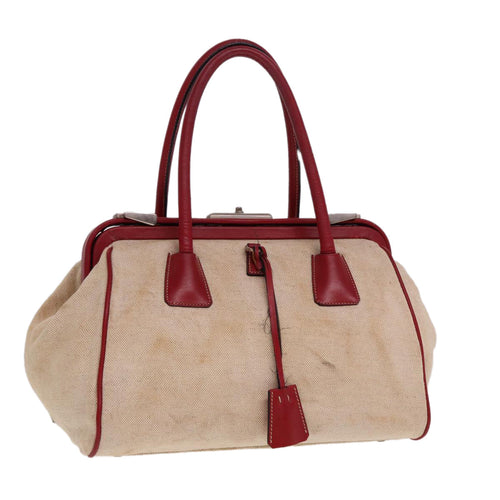 PRADA Hand Bag Canvas Leather Cream Red 78856