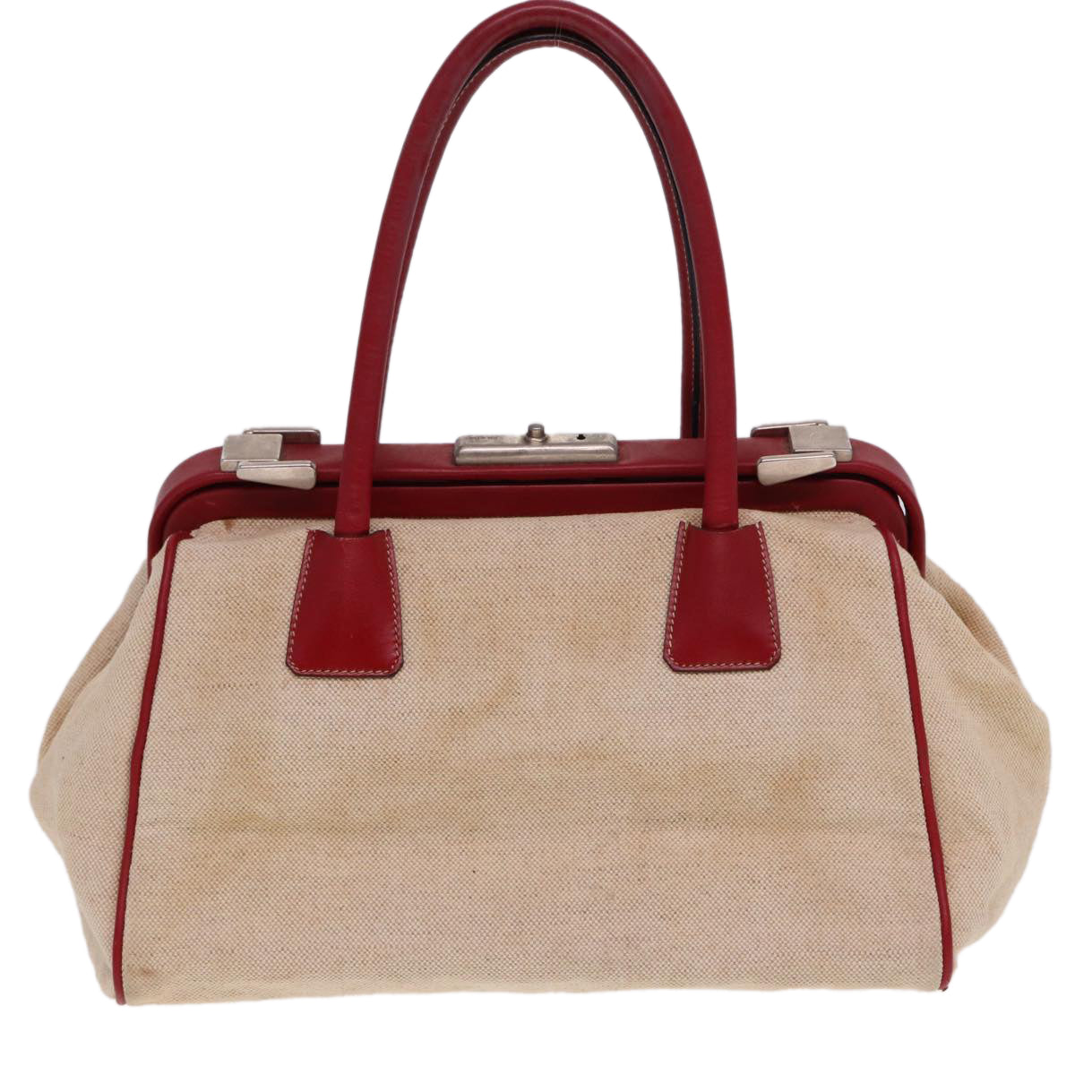 PRADA Hand Bag Canvas Leather Cream Red 78856