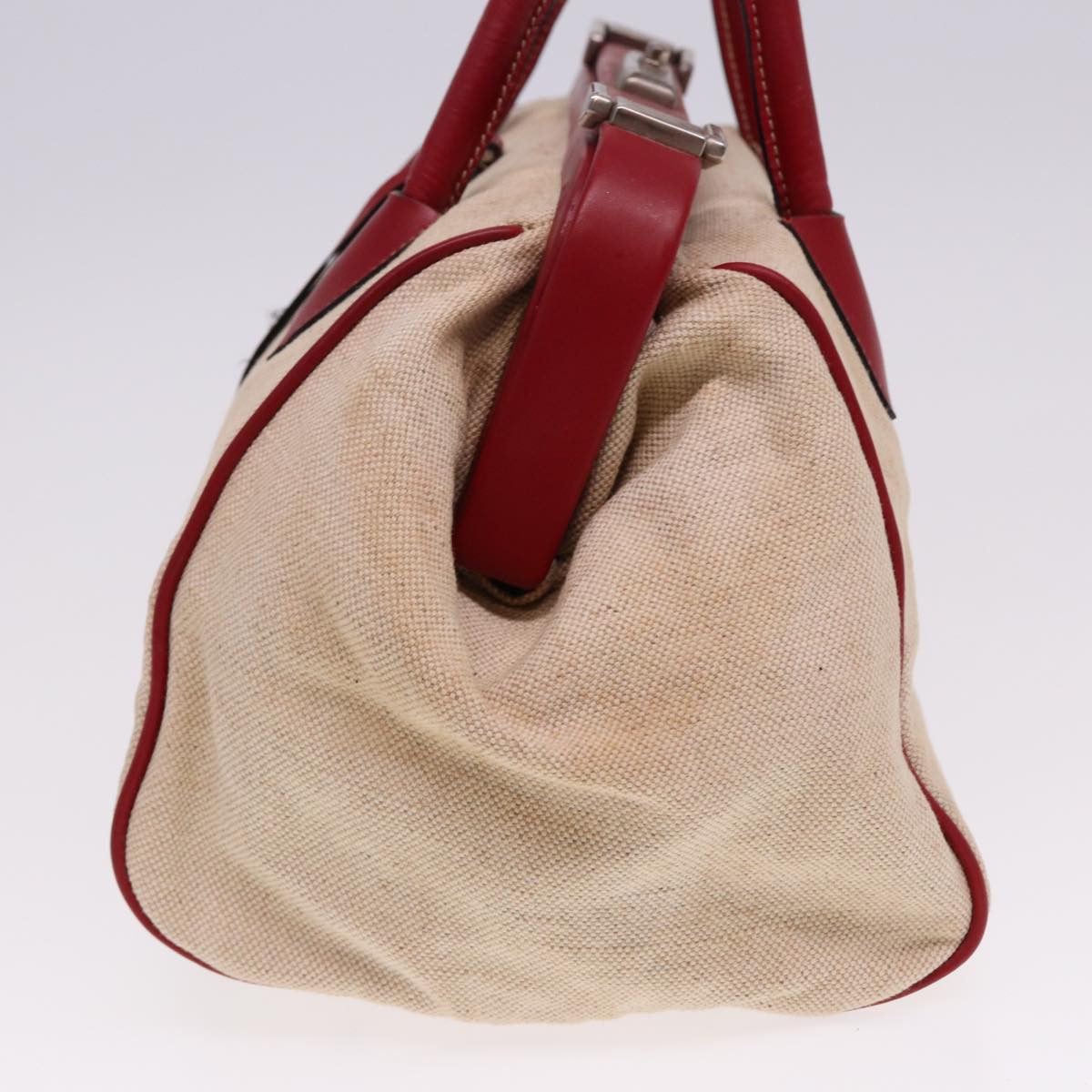 PRADA Hand Bag Canvas Leather Cream Red 78856