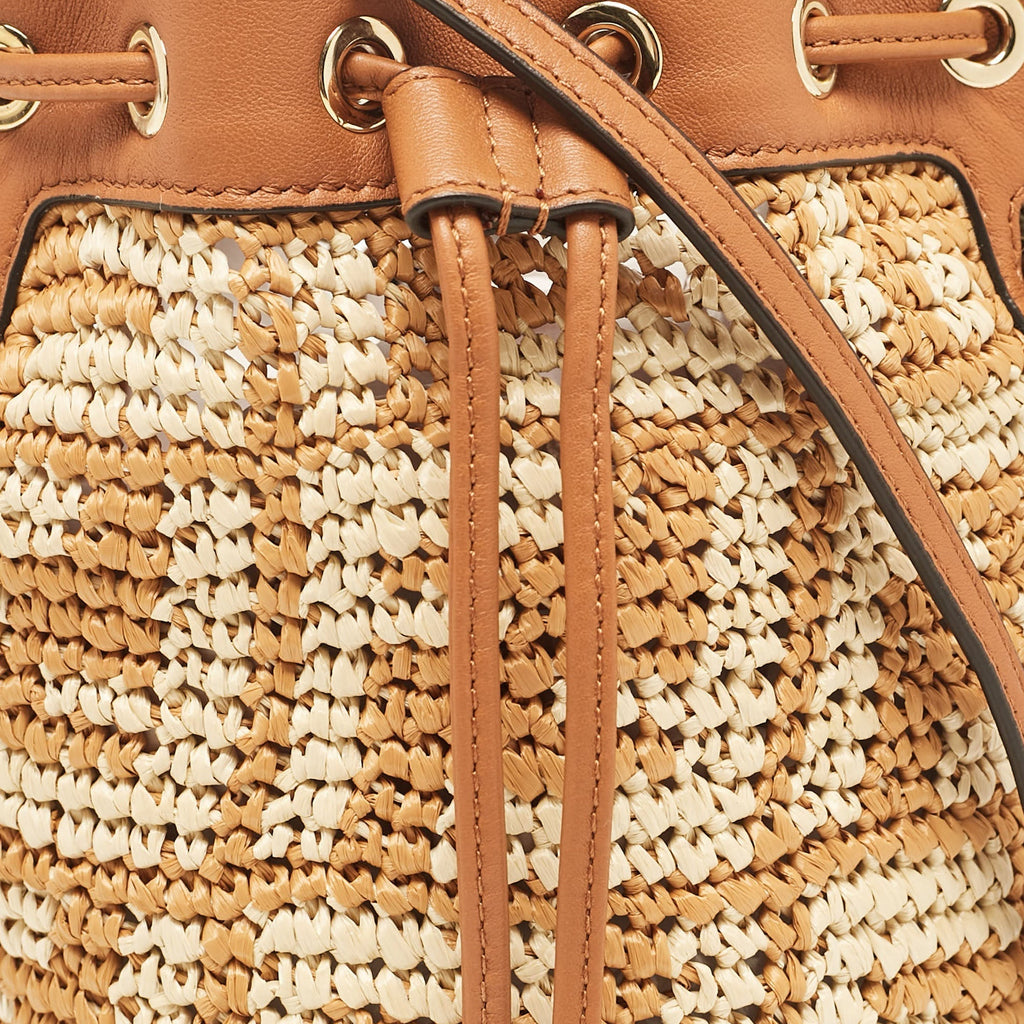 Fendi Brown/beige Zucca Leather And Raffia Mini Mon Tresor Drawstring Bucket Bag