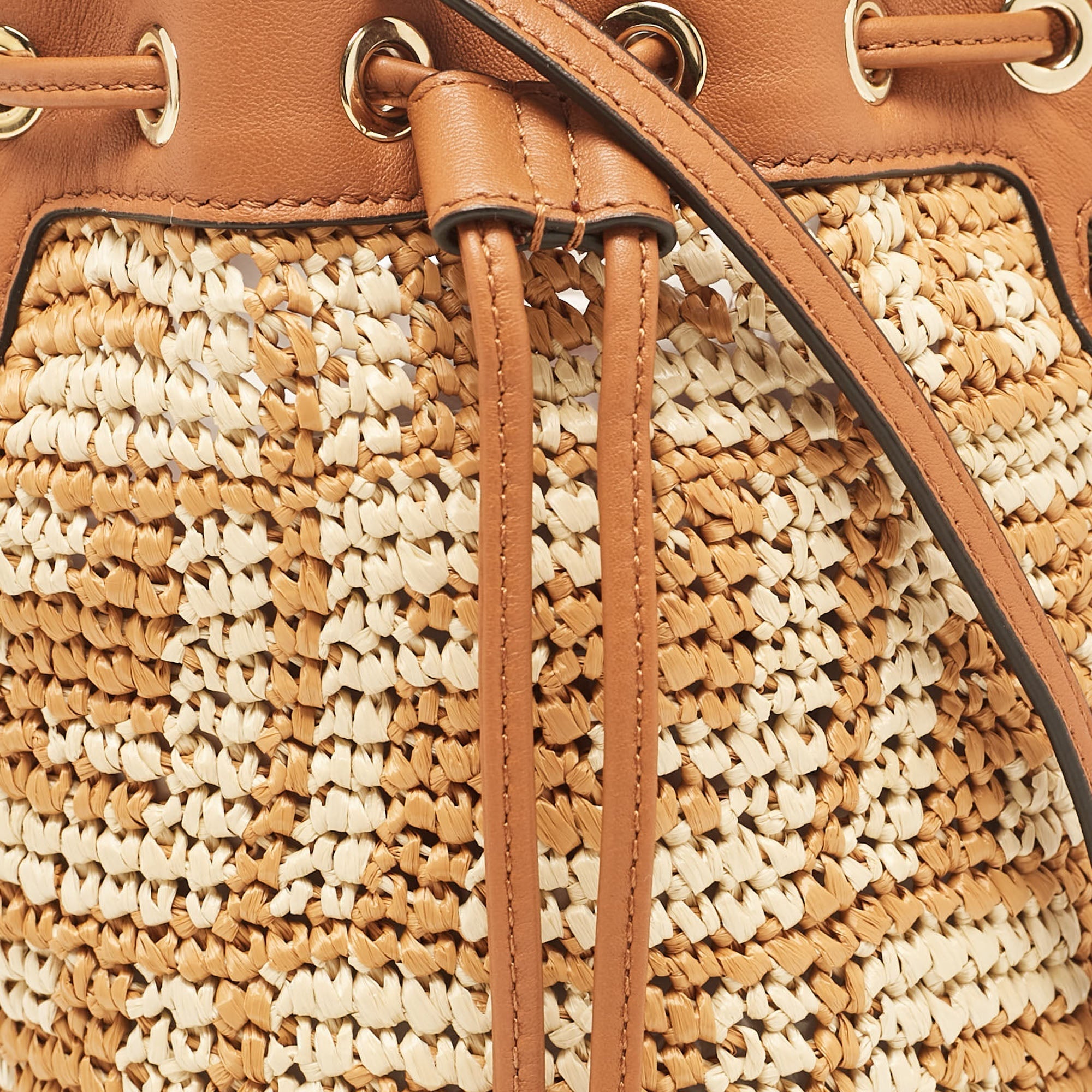 Fendi Brown/beige Zucca Leather And Raffia Mini Mon Tresor Drawstring Bucket Bag
