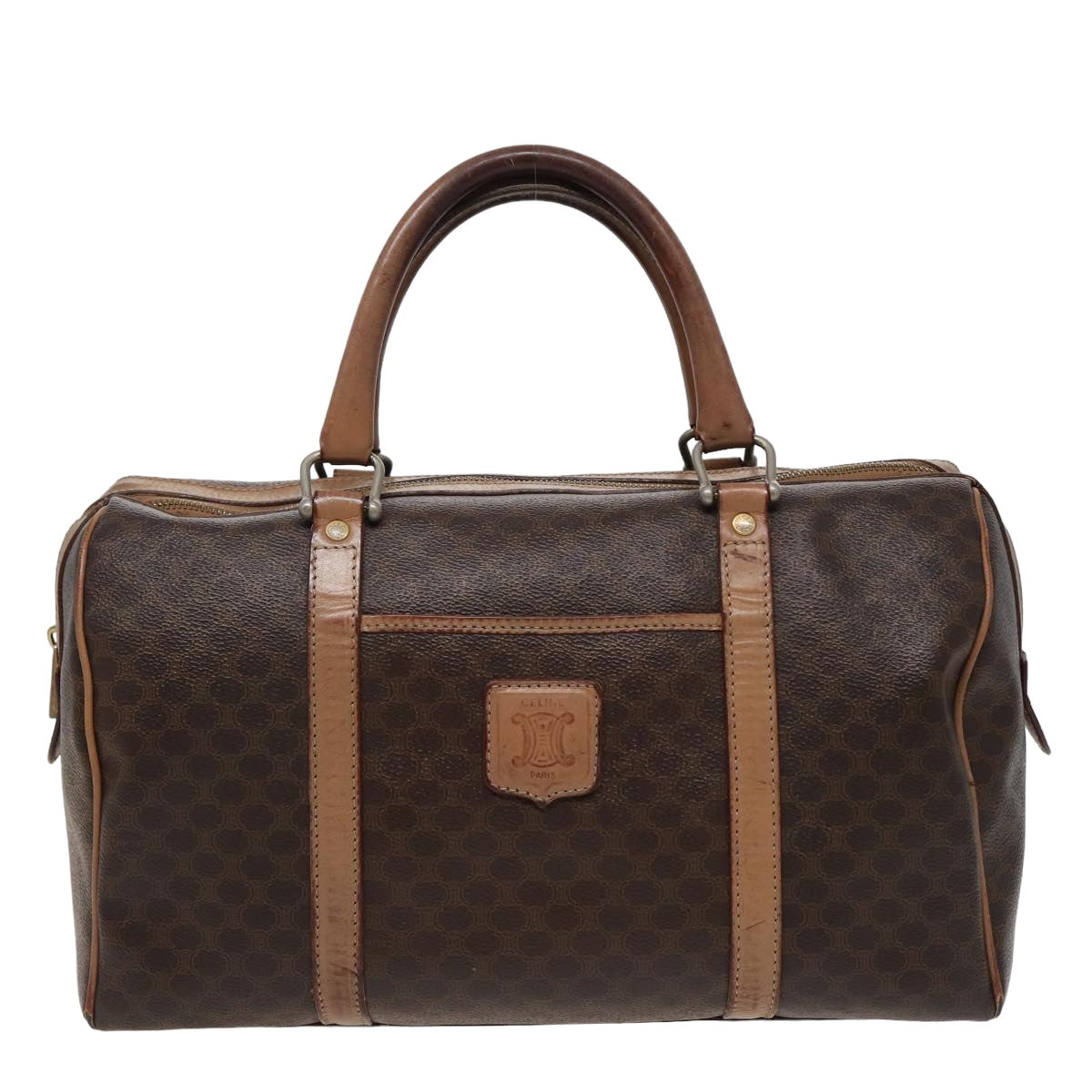 CELINE Macadam Canvas Boston Bag PVC Leather Brown Auth 79183