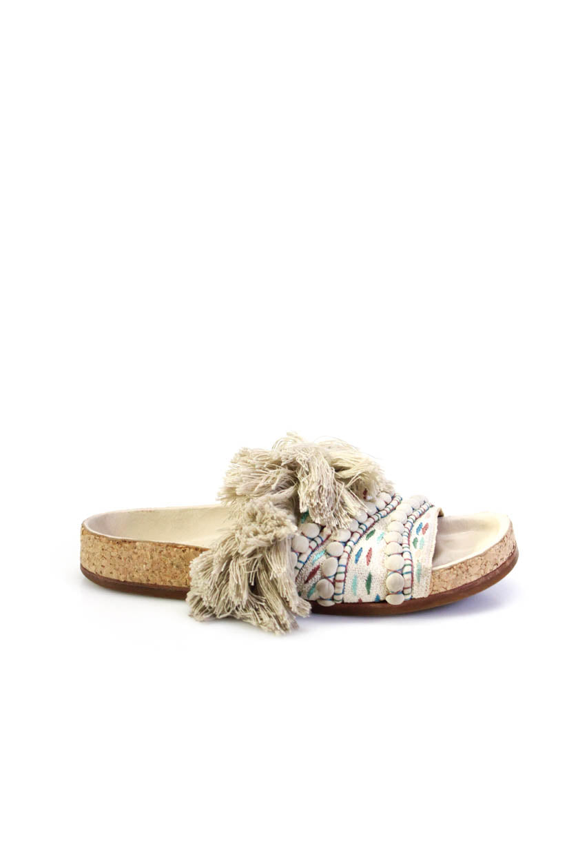 Chloe Womens Fringe Embroidered Slide On Sandals White Multi Colored