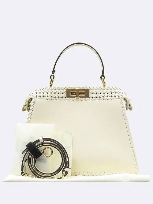 Fendi 8BN321 Ivory Leather Peekaboo I SEE U IC Medium Top Handle Bag Shoulder Strap 2WAY
