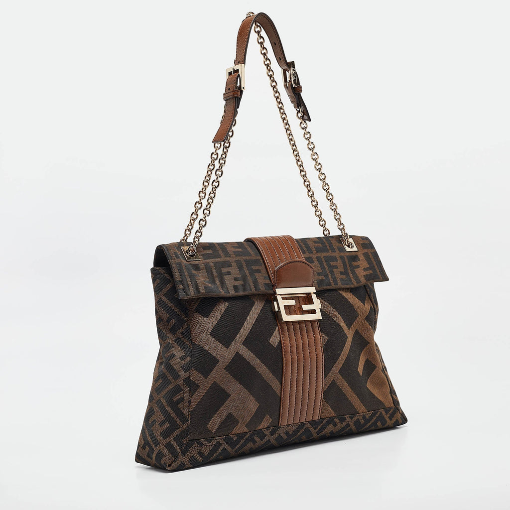 Fendi Zucca Canvas And Leather Maxi Baguette Flap Shoulder Bag