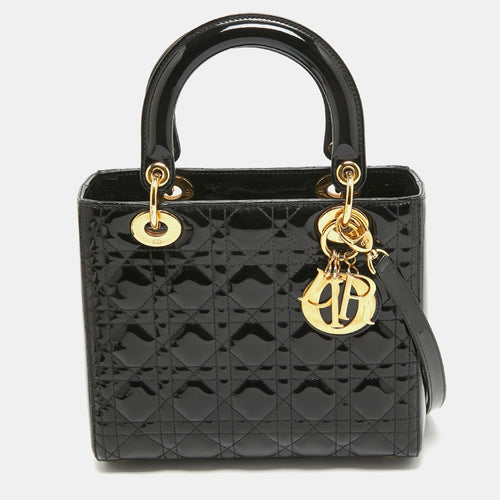 Dior Black Cannage Patent Leather Medium Lady Tote