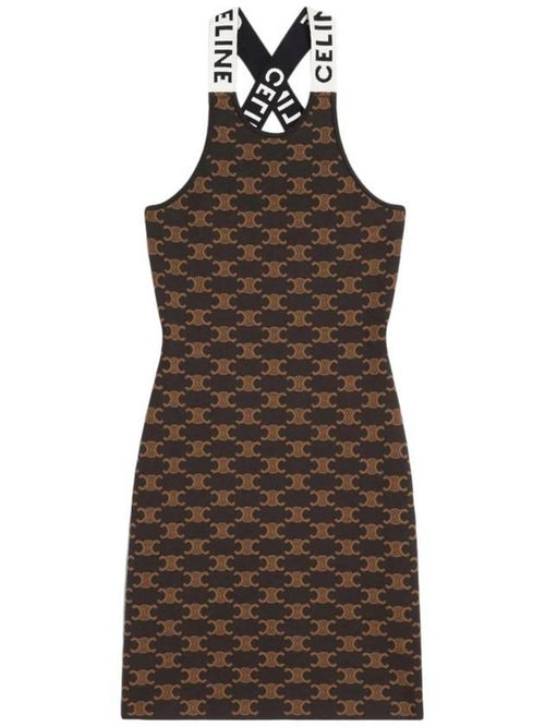 CELINE Monogram Silk Cotton Short Dress Brown