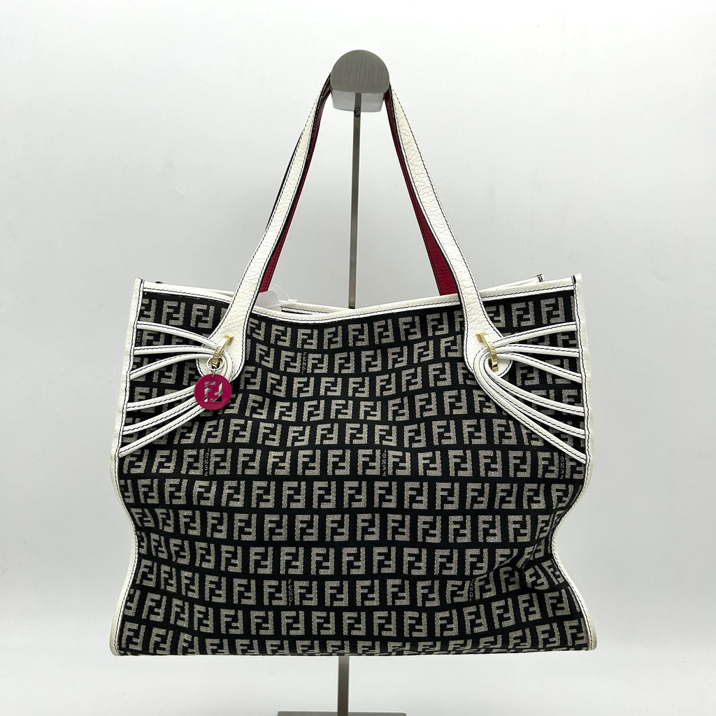 Fendi Black Zucchino Canvas Tote Bag White Leather Cloth Pony-style calfskin fe5622cc