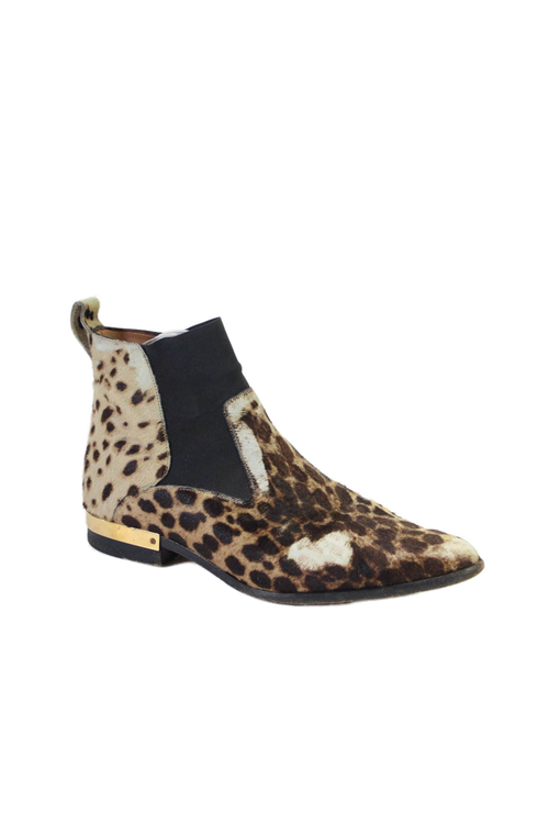 Chloe Womens Block Heel Leopard Print Pony Hair Booties Brown