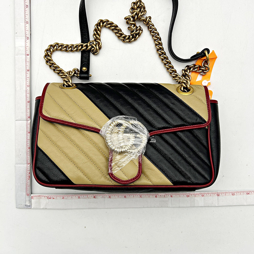 GUCCI Effect Calfskin Matelasse Diagonal Striped Small Torchon GG Marmont Shoulder Bag Black Beige 2505092221