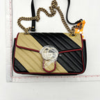 GUCCI Effect Calfskin Matelasse Diagonal Striped Small Torchon GG Marmont Shoulder Bag Black Beige 2505092221