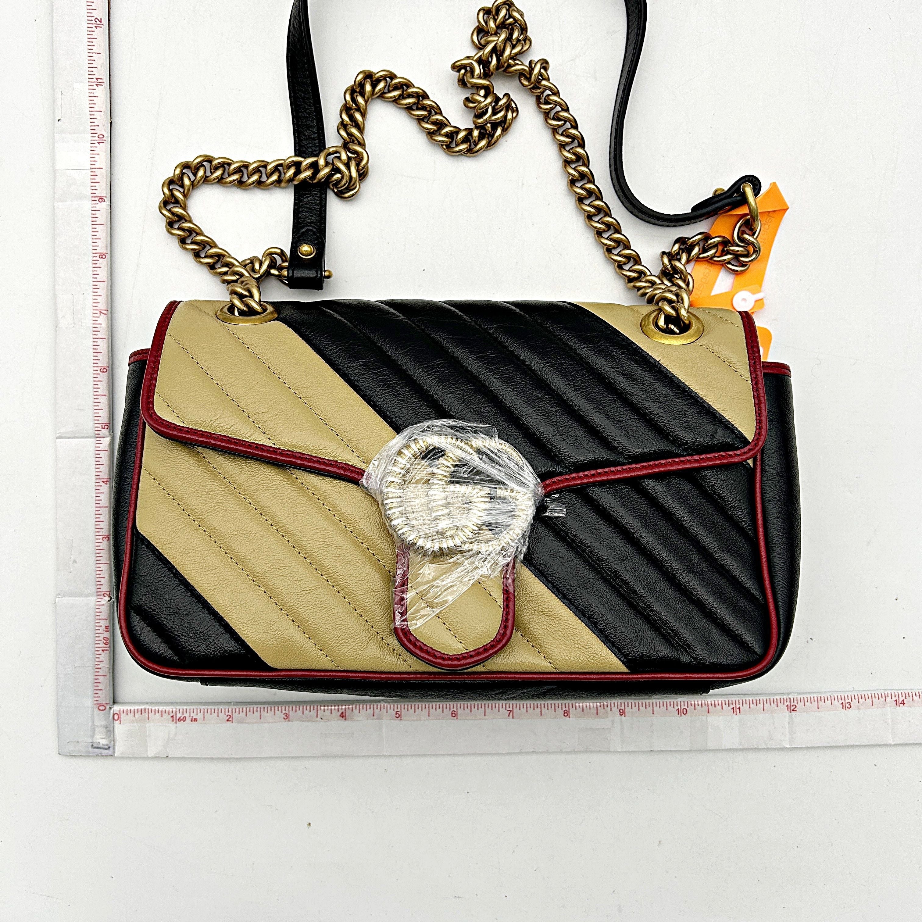 GUCCI Effect Calfskin Matelasse Diagonal Striped Small Torchon GG Marmont Shoulder Bag Black Beige 2505092221